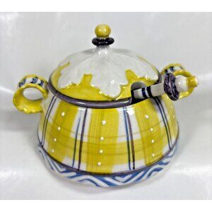 Anthropologie Crimped Handled Yellow Blue Striped Sugar Bowl Lid and Spoon